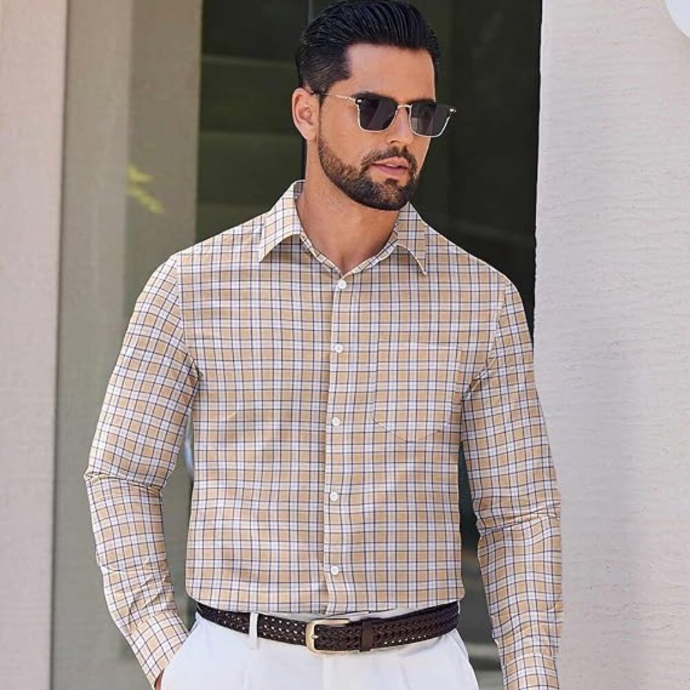 NEW! Mens Dress Shirts Long Sleeve Plaid Cotton Button Down Shirts Wrinkle Free